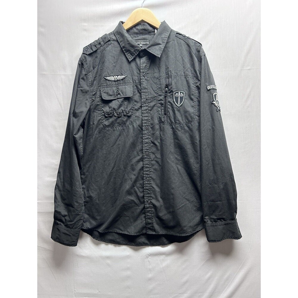 Affliction Black Premium Men’s XL Black Long Sleeve Button Down Patches Grunge